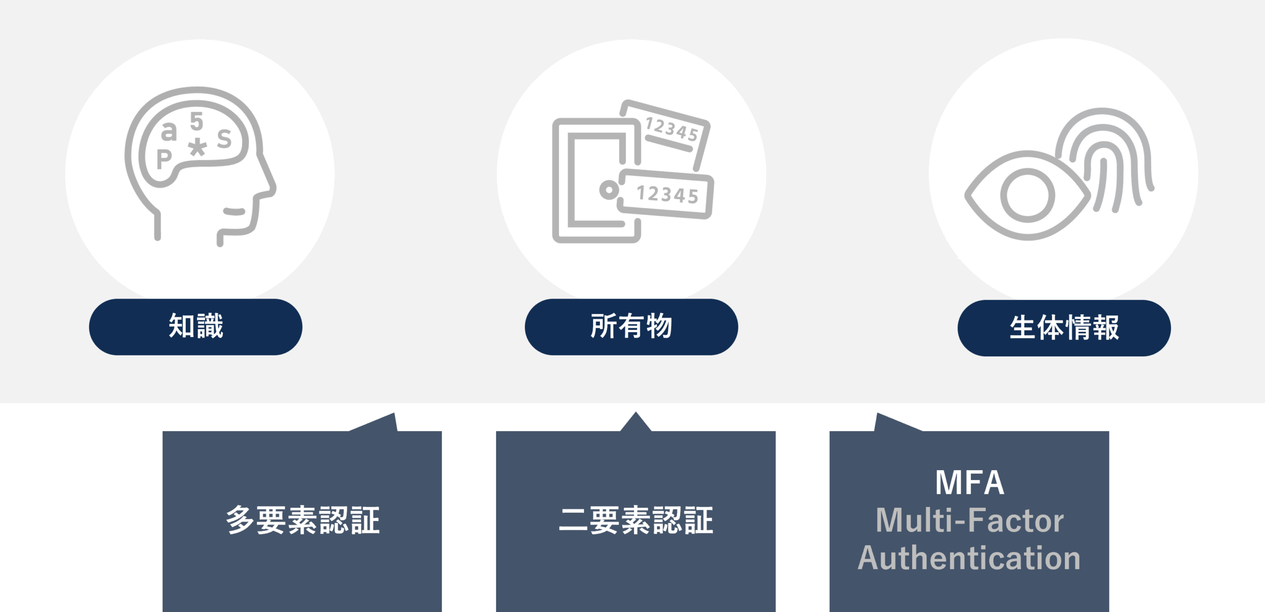 多要素認証(MFA)の仕組み。知識情報(パスワード等)、所有物(スマートフォン等)、生体情報(指紋等)の3つのカテゴリから異なる2要素以上を組み合わせる認証方式の解説図。